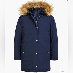 J. Crew Faux Fur Trim Winter Parka Long Navy Blue Coat Down Filled Puffer Small